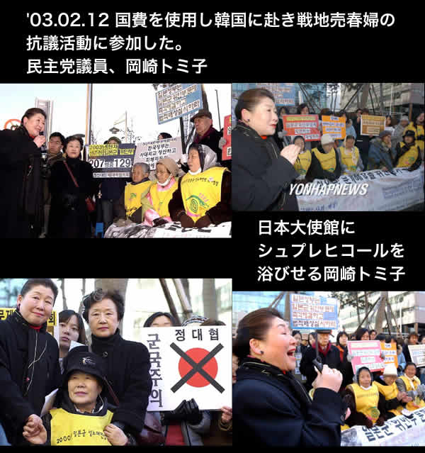 ２００３年２月１２日、岡崎トミ子は、国民の血税で韓国に行って反日デモに参加し、ソウルの日本大使館に向かって売春婦への謝罪と賠償を請求した。