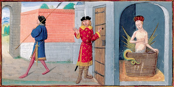 クードレットによる『メリュジーヌ物語』で描かれた、入浴中のメリュジーヌと覗き見るレイモン（レモンダン）