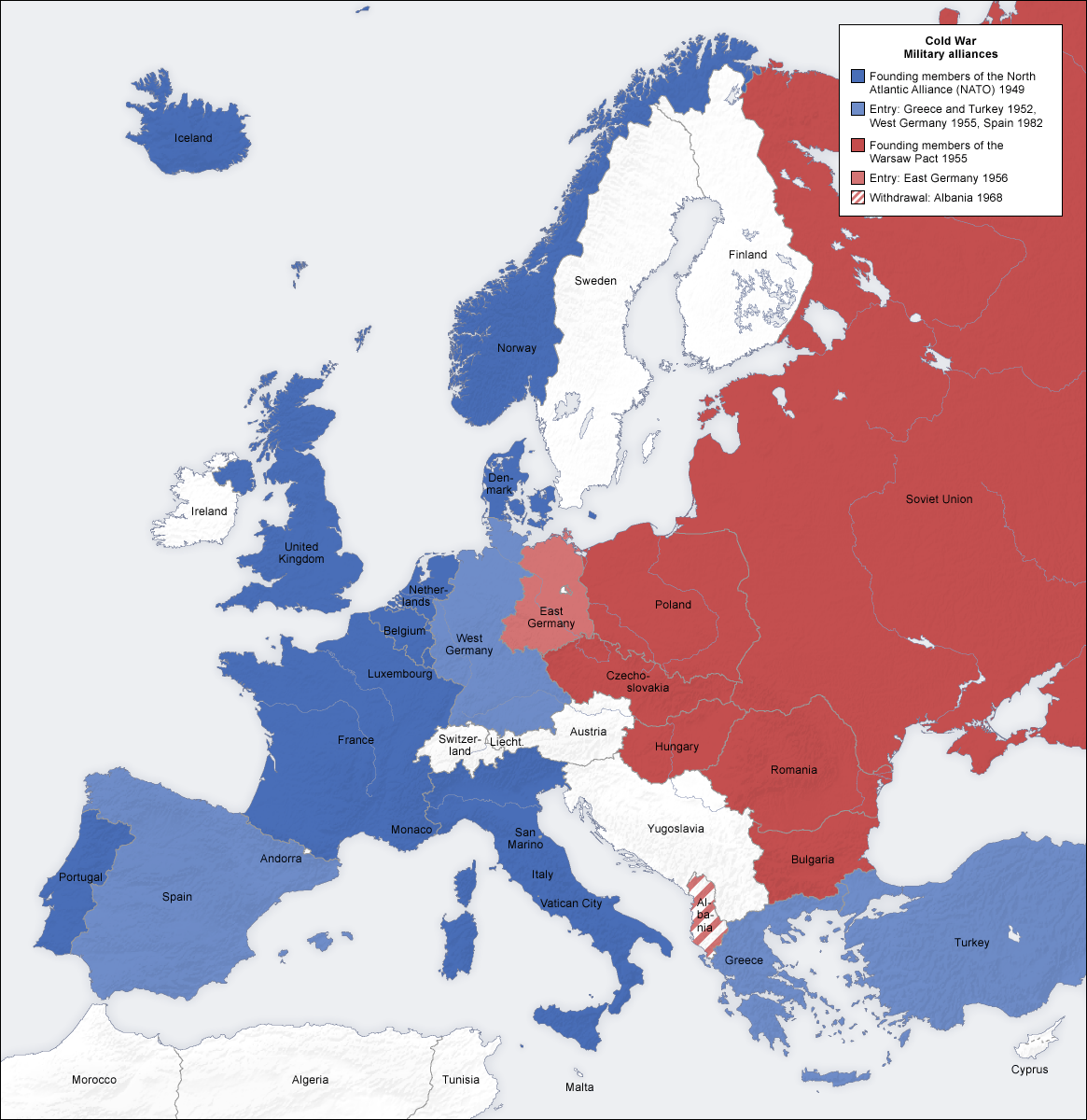 冷戦期のヨーロッパ勢力図。青がNATO、赤がワルシャワ条約機構、白が両同盟に属さない国家である。濃い色は発足時の加盟国、薄い色はその後の加盟国を指す。