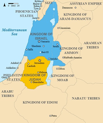 紀元前８３０年代のユダ王国（黄色）