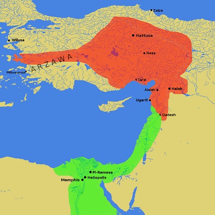 赤：ヒッタイト帝国の最大勢力圏 緑：古代エジプトの勢力圏
