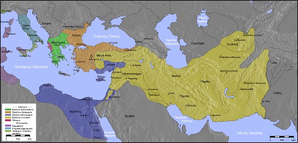 紀元前3世紀のヘレニズム諸国。アンティパトロス朝（緑）、リュシマコス朝（オレンジ）、セレウコス朝（黄）、プトレマイオス朝（青）。