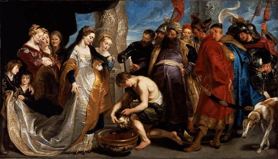マッサゲタイ女王トミュリス（ティアラをした左から6人目の女性）とキュロスの生首。
