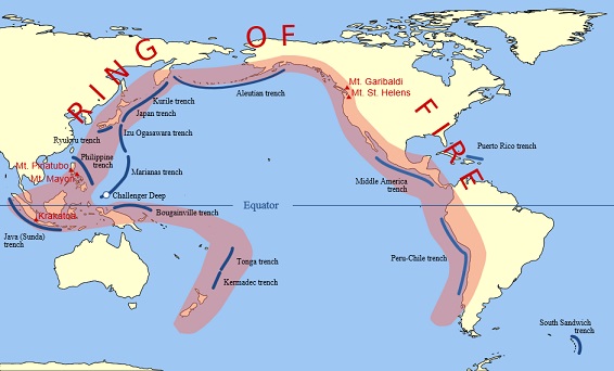 環太平洋火山帯(Ring of Fire)。青線は海溝。